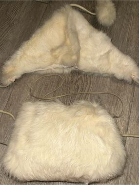Vtg 50’s Genuine Rabbit Fur Hand Warmer Muff & Pom Pom Tie on Hat